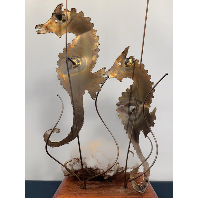 Brass Vintage Brass Seahorse Sculpture on Quartz & Teak Base For Sale - Image 8 of 10