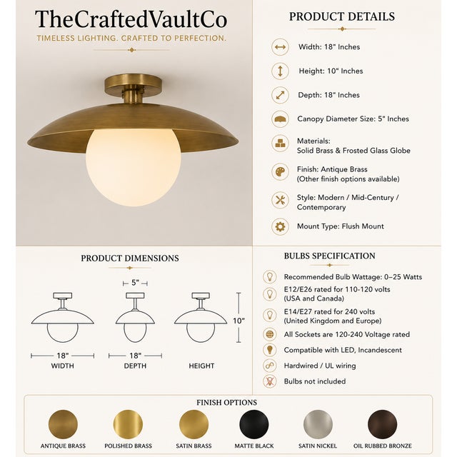 Metal Handcrafted Solid Brass Flush Mount Ceiling Light With Opal Glass Globe For Sale - Image 7 of 9
