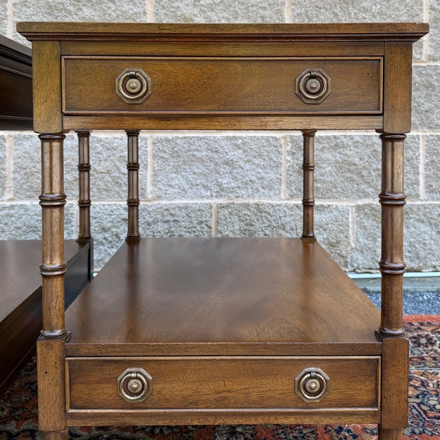 Traditional Vintage Hekman Traditional Regency Walnut 2 Drawer Tiered Cane Cut Side Tables - A Pair For Sale - Image 3 of 15