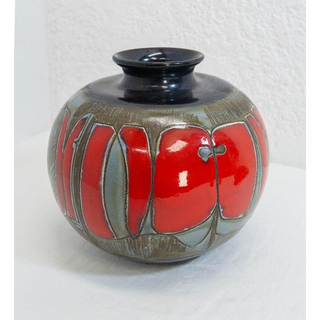 Mid-Century Modern Mid-Century German Grey, Red & Dark Blue Ceramic Vase with Leaves Motif, 1960s For Sale - Image 3 of 12