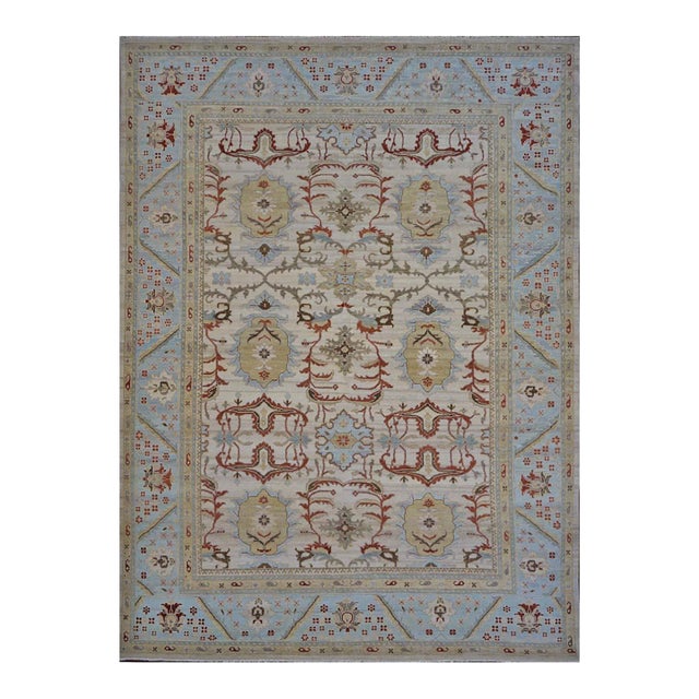 Afghan Sultanabad Master Wool 9 x 12 Light Blue, Ivory, Beige & Red Handmade Area Rug #1143116 For Sale