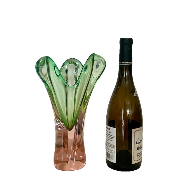 1960s Large 1960's Asymmetrical Green and Gentle Pink Art Glass Vase, Josef Hospodka for Chrisbska For Sale - Image 5 of 12