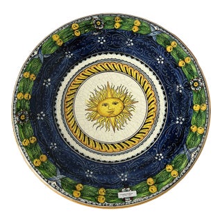 Italian Hand Painted Blue and Green Ceramic Round Sun Center Wall Plate For Sale