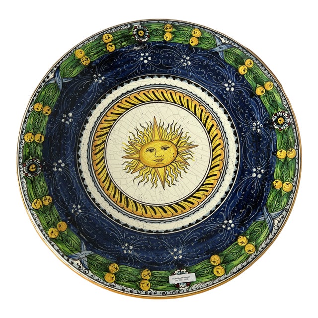 Italian Hand Painted Blue and Green Ceramic Round Sun Center Wall Plate For Sale
