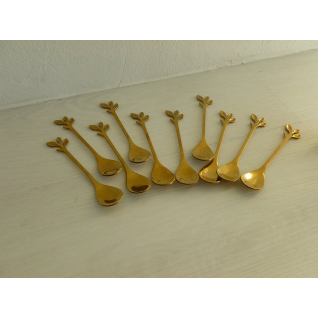 Vintage 1970's Brass Plated Metal Swan Vessel Bowl With !0 Serving Spoons For Sale - Image 11 of 17