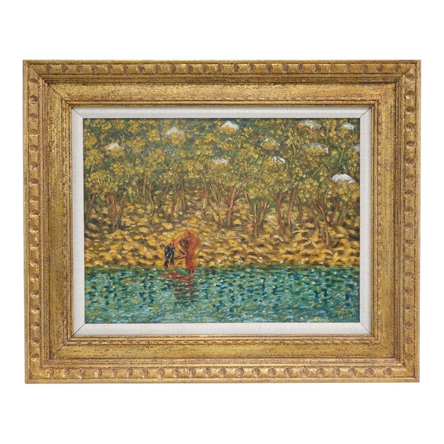 Mid 20th Century Woman at the Water Original Oil on Canvas Signed For Sale