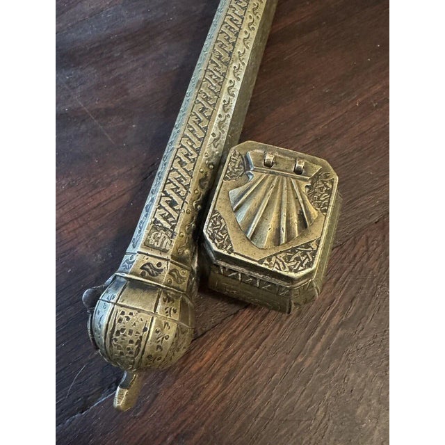9.5" Antique Ottoman Empire Engraved Bronze Qalamdan Pen Case Inkwell For Sale - Image 4 of 12