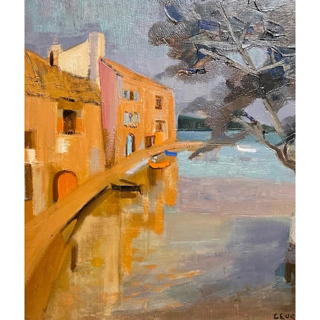 1960s Georges Lambert, French Harbor Oil Painting Ecole Paris George Lambert Houses on the Water For Sale - Image 5 of 7