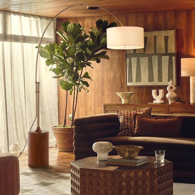 Mid-Century Modern Tambo Arc Floor Lamp - Dark Walnut Wood Finish, Weathered Brass, Tambour Base, White Linen Shade, Dimmer For Sale - Image 3 of 12