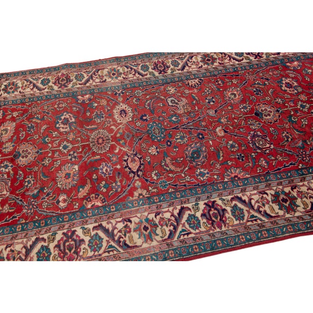 1960s Vintage Persian Tabriz Handmade Floral Red Wool Runner For Sale In New York - Image 6 of 7