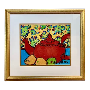 Untitled Artist’s Proof Lithograph of a Teapot and Fruit by American Artist A. E. Barnes, Framed