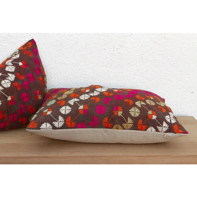 Indian Patiala Heritage, Antique Phulkari Lumbar Pillow Covers, Pair For Sale - Image 3 of 7