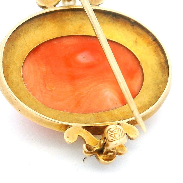 Late 19th Century Victorian Hand-Carved Mediterranean Coral Cameo Brooch in 14k Gold With Seed Pearls For Sale - Image 13 of 13