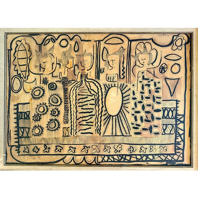 Mid-Century abstract art, c.1962, rendered in ink on paper featuring abstract female fashion figures depicted through...