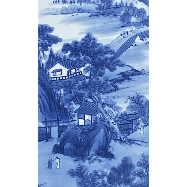 Wood Lg Vintage Chinese Shan Shui Blue and White Porcelain Wood Panel 49.25" H For Sale - Image 7 of 11