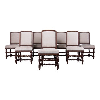 Antique French Louis XIII Style Oak Dining Chairs W/ Ivory Chenille - Set of 8 For Sale
