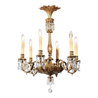 Mid 19th Century French Louis XVI Style Bronze and Crystal Six-Light Chandelier with Foliage For Sale