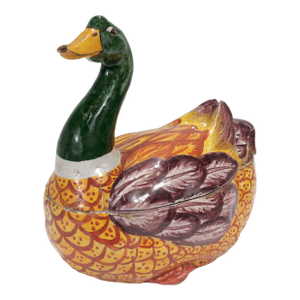 Antique Polychrome Dutch Delft Figural Duck Shaped Tureen or Covered Bowl