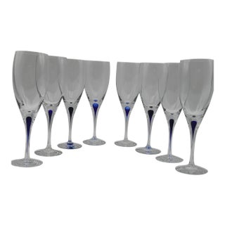 1990s Orrefors Intermezzo Blue Claret Wine Glasses- Set of 8 For Sale