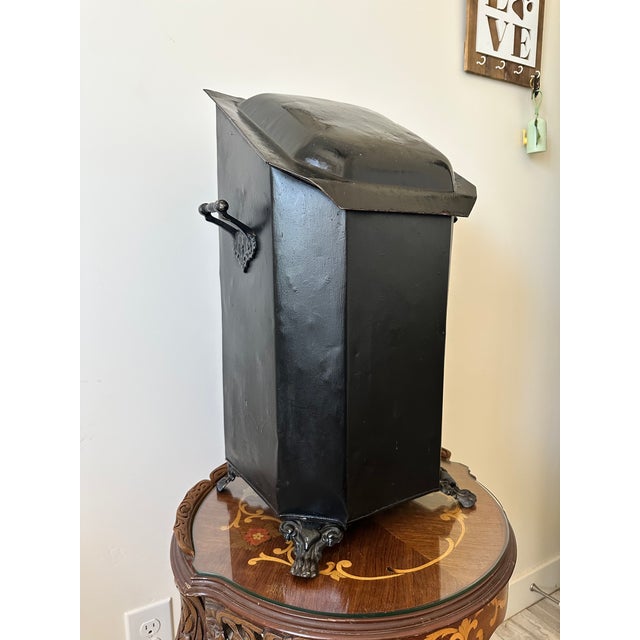 Antique Victorian Black Tin Tole Fireplace Coal Scuttle Bin For Sale - Image 4 of 10