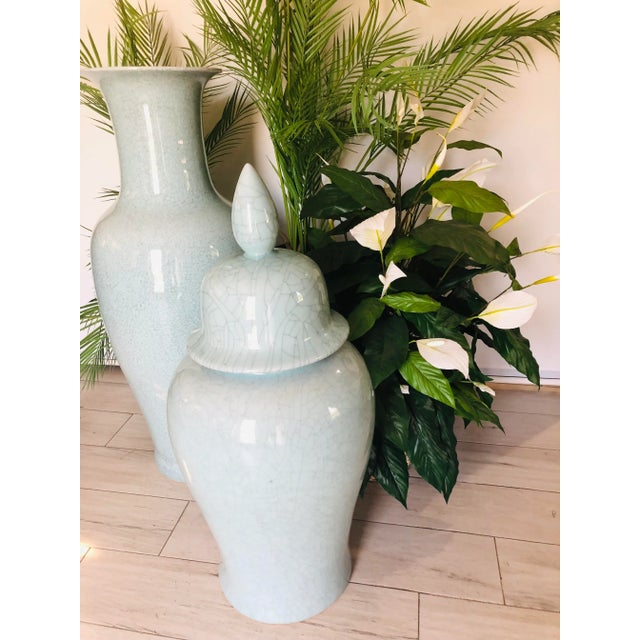 Mid-Century Modern Vintage Extra Large Chinese Celadon Crackle-Glazed Altar Vase With Flaring Neck and Matching Ginger Jar- 2 Pieces For Sale - Image 3 of 12
