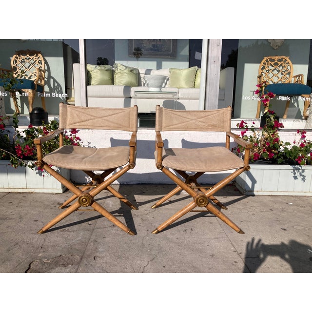 Wood Jansen Director Chairs With Tan Leather and Bronze Details For Sale - Image 7 of 11