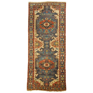Early 20th Century Blue White Yellow Geometric Rug For Sale