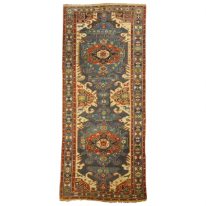 Early 20th Century Blue White Yellow Geometric Rug