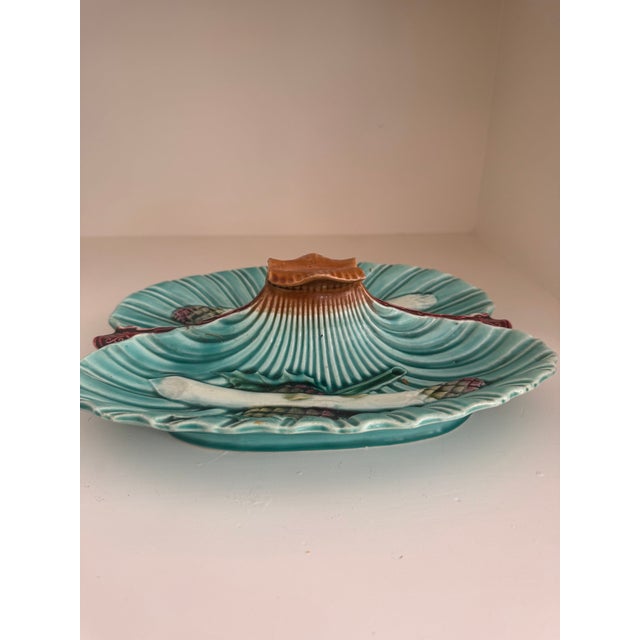 Luneville Antique French Lunéville Barbotine Majolica Turquoise Asparagus Platter For Sale - Image 4 of 5