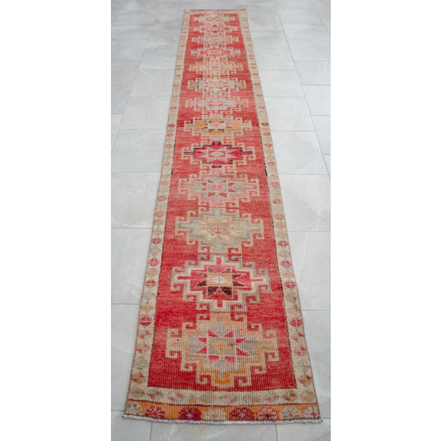 Textile Hand-Knotted Narrow Runner Turkish Rug Hallway Decor- 2'1' X 12'3' For Sale - Image 7 of 15