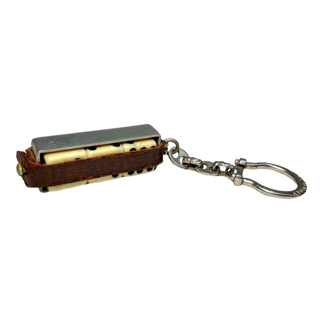 Antique Leather Metal 3 Celluloid Dice Box Holder Travel Carrier Keychain For Sale