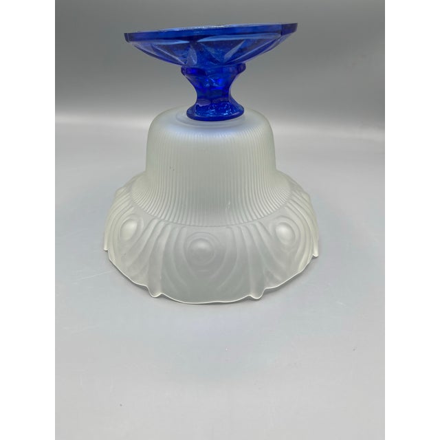 Vintage Frosted Glass Pedestal Bowl With Cobalt Blue Base For Sale - Image 4 of 6