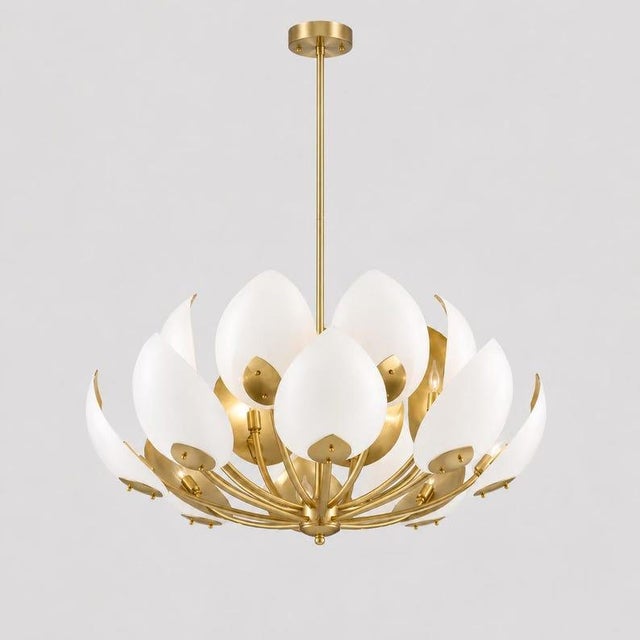 Luxury Lotus Petal Brass Chandelier | Modern White Floral Ceiling Light | Mid Century Statement Pendant | Elegant Dining Room Fixture For Sale - Image 6 of 8