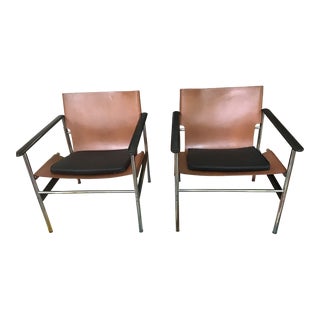 Vintage Charles Pollock for Knoll Brown Leather Model 657 Sling Chairs - a Pair For Sale