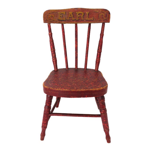 Cute Mid 1800s Antique American Small Childs Chair for Earl - Nice Original Red Hand Painted Features For Sale