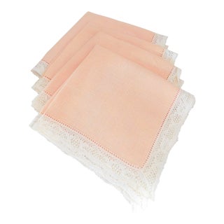Vintage Peach Linen and Lace Cocktail/Lunch Napkins - Set of Four For Sale