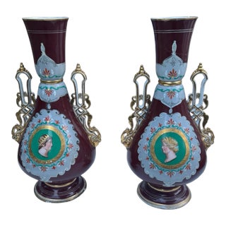 Pair Antique 19” Hand Painted Gilt Decorated Old Pair Porcelain Portrait Handled Vases For Sale