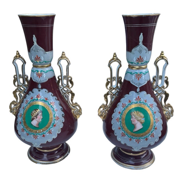 Pair Antique 19” Hand Painted Gilt Decorated Old Pair Porcelain Portrait Handled Vases For Sale