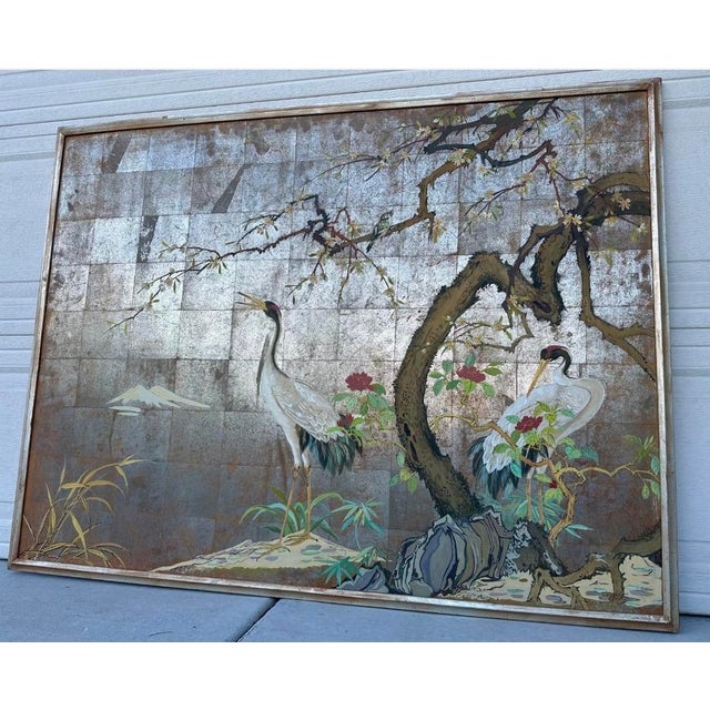 1920s Large Japanese Chinoiserie Crane Painting on Wood Panel W/ Silver, Gold, & Copper Leaf — Art Deco Framed For Sale - Image 15 of 18