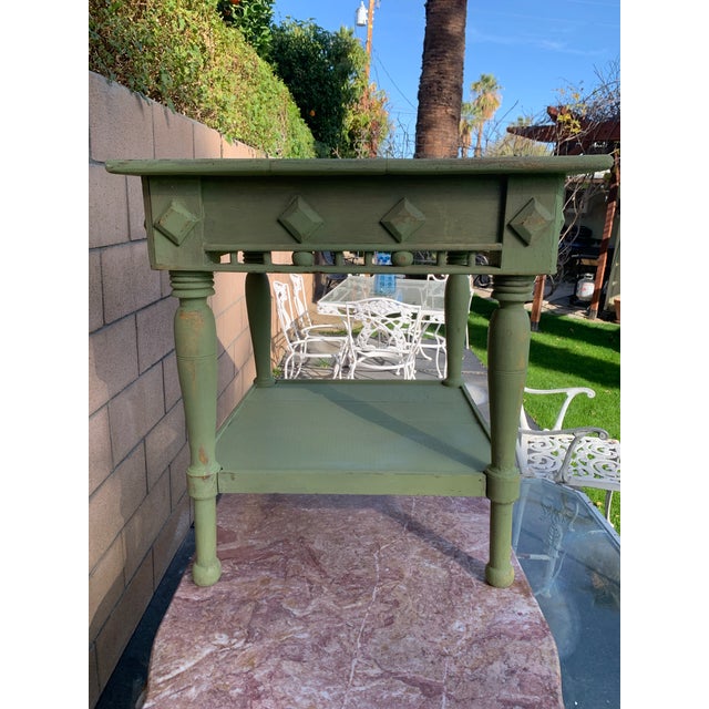 Farmhouse Antique Primitive Wood Work Table Rustic Green Paint For Sale - Image 3 of 13