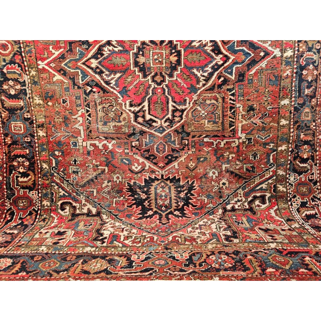 Vintage Persian Heriz Rug, Hand-Knotted Wool, Geometric Medallion Pattern, Red & Navy, 9x12 For Sale - Image 16 of 18