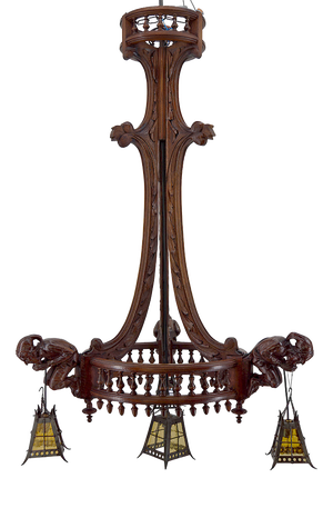 Gothic Chandelier Carved with Jesters & Lanterns, France, 1900s