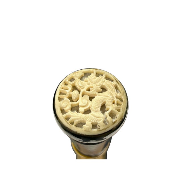 Vintage Chinese Lady Figures Engraved Motif Bone Color Resin Inset Walking Stick For Sale - Image 10 of 11