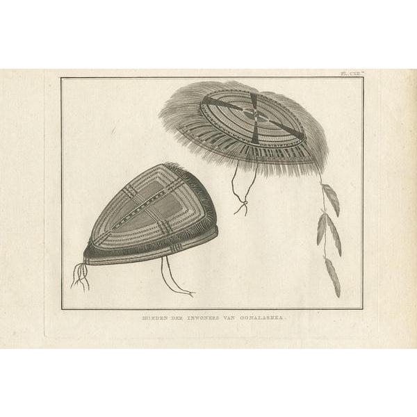 Antique print titled 'Hadens of the Inhabitants of Oonalashka'. This print depicts two hats/costumes of Alaska. Originates...