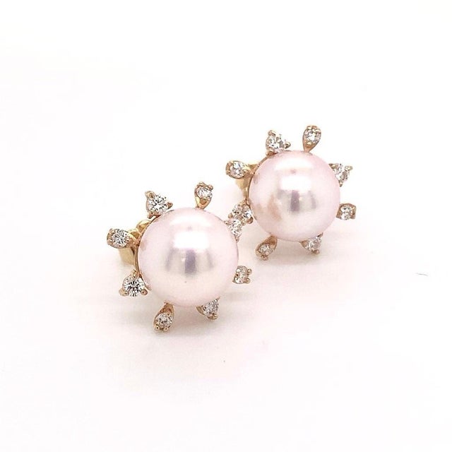 Metal Diamond Akoya Pearl Earrings 14 Karat Yellow Gold Certified For Sale - Image 7 of 11
