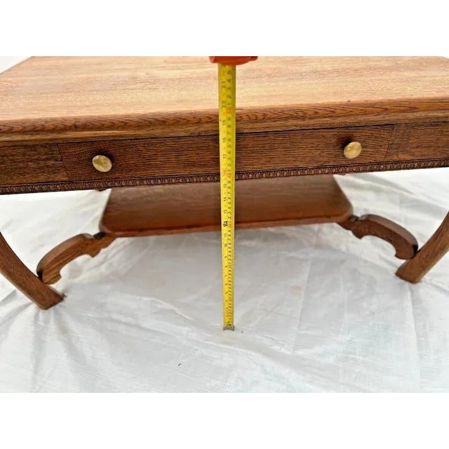 1910s Antique Coffee Table Solid Oak Center Drawer Bottom Shelf Bow Legs For Sale In Palm Springs - Image 6 of 9
