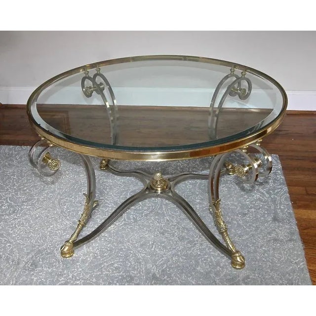 Jansen Style Brushed and Steel Brass Round Neoclassic Coffee Table For Sale In Palm Springs - Image 6 of 11
