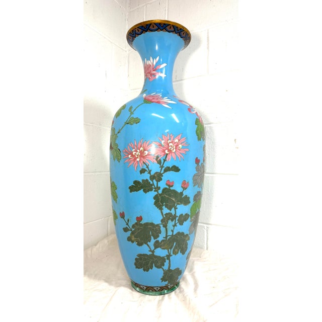 Metal Huge Antique 19th Century Japanese Meiji Cloisonne Enamel Baby Blue Palace Vase For Sale - Image 7 of 17