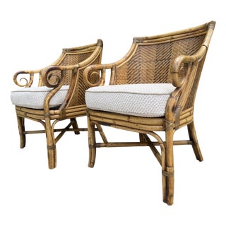 Vintage Henry Link Saint Andrews Scroll Arm Rattan Club Chairs - A Pair For Sale