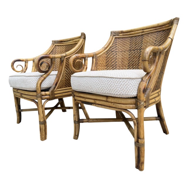 Vintage Henry Link Saint Andrews Scroll Arm Rattan Club Chairs - A Pair For Sale